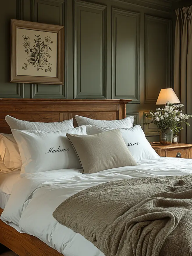Styled bedroom with pillowcases embroidered with Monsieur and Madame in script