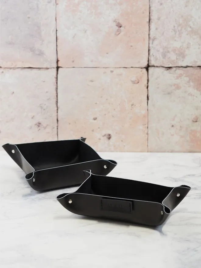 square and rectangle black leather coin trays