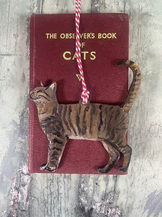 Tabby Cat Christmas Decoration with red and white twine placed onto a book about cats 