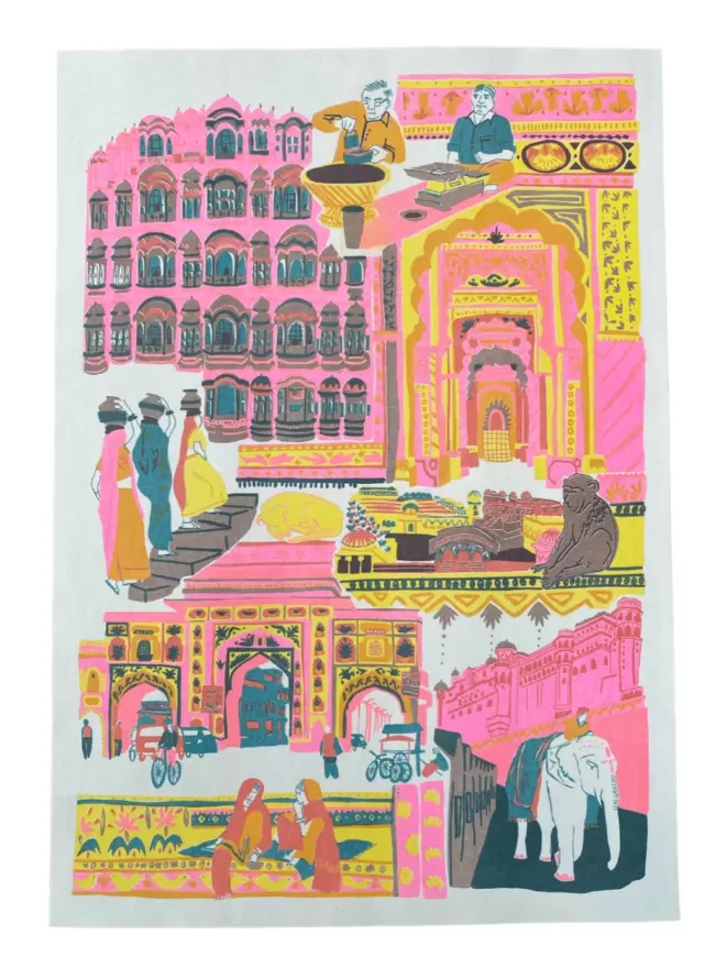 Full shot of image of the city of Jaipur in shades of pink and yellow