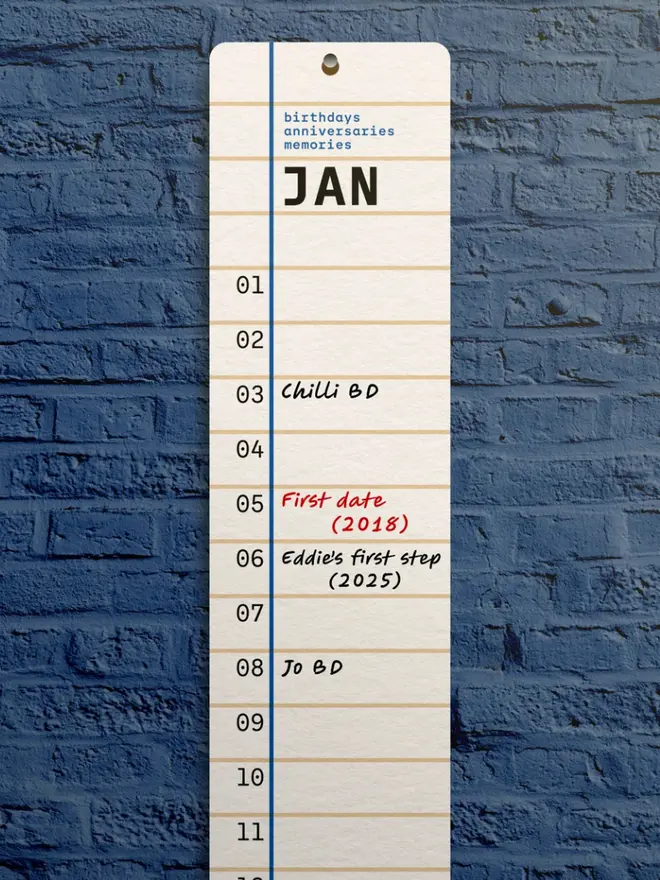 Perpetual Squared: Birthday, Anniversary, Memory Tracker, Blueberry, against a blue wall. 