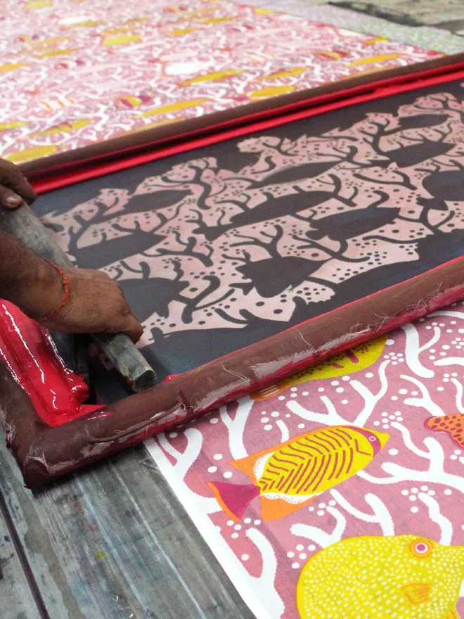 Hand screen printing Pink Coral Reef fish print fabric