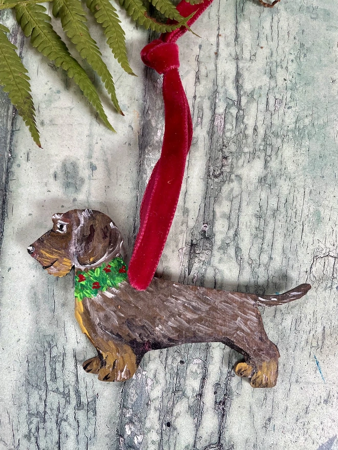 Wire Haired Dachshund Hand- Painted Christmas Decoration with red velvet ribbon h