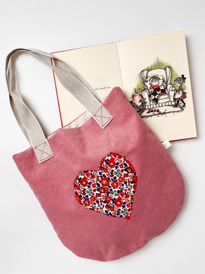 Cotton corduroy bag for kids with Liberty fabric heart