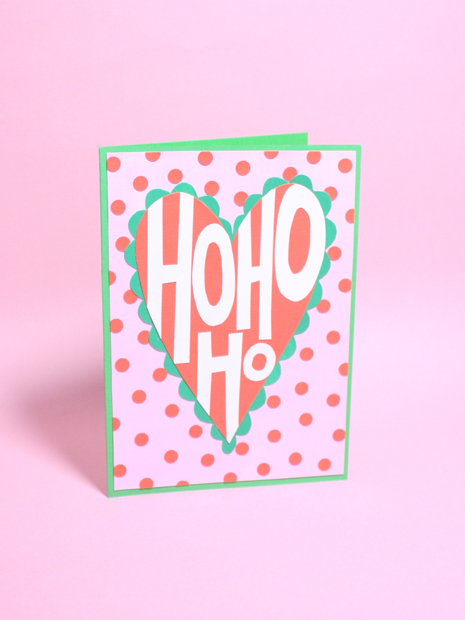 Collaged Christmas Card Ho Ho Ho Red Green and Pink