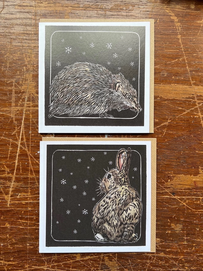 2 hedgehog and rabbit cards
