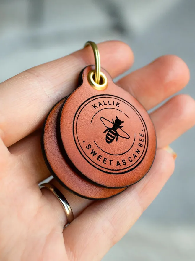 "Sweet As Can Bee" - Double Saddle Tan Leather ID Tag