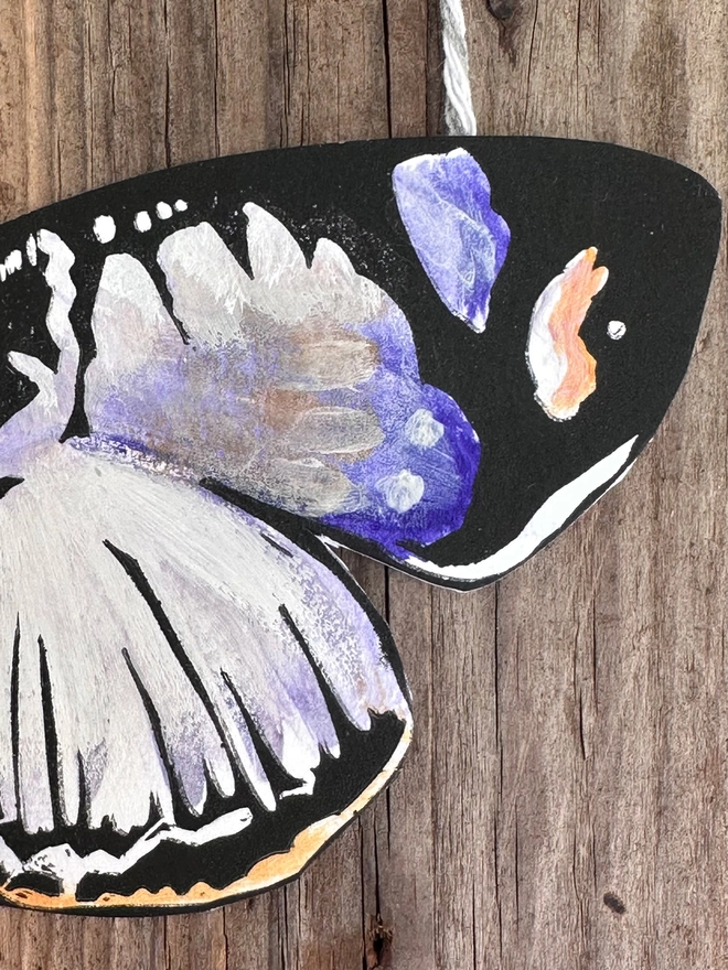 3 Hand Painted Butterflies. Set Of Linocut Wall Hangings. Purple wing shown 