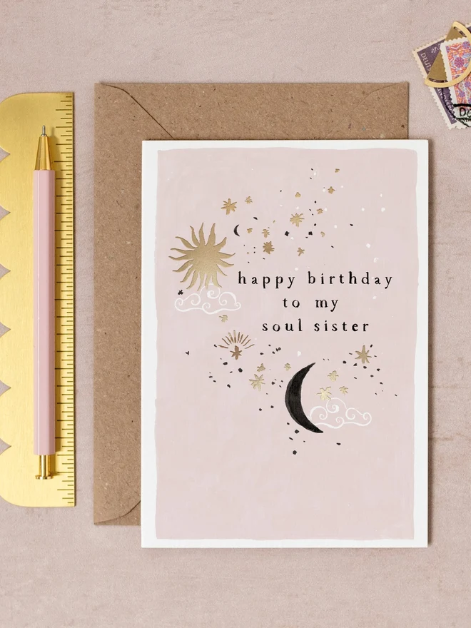 Soul Sister Birthday Card by Sister Paper Co with a kraft envelope