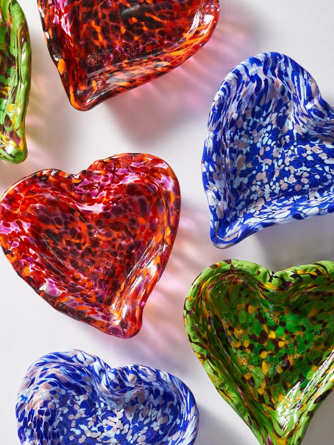 Murano glass heart shaped trinket dish in three colours