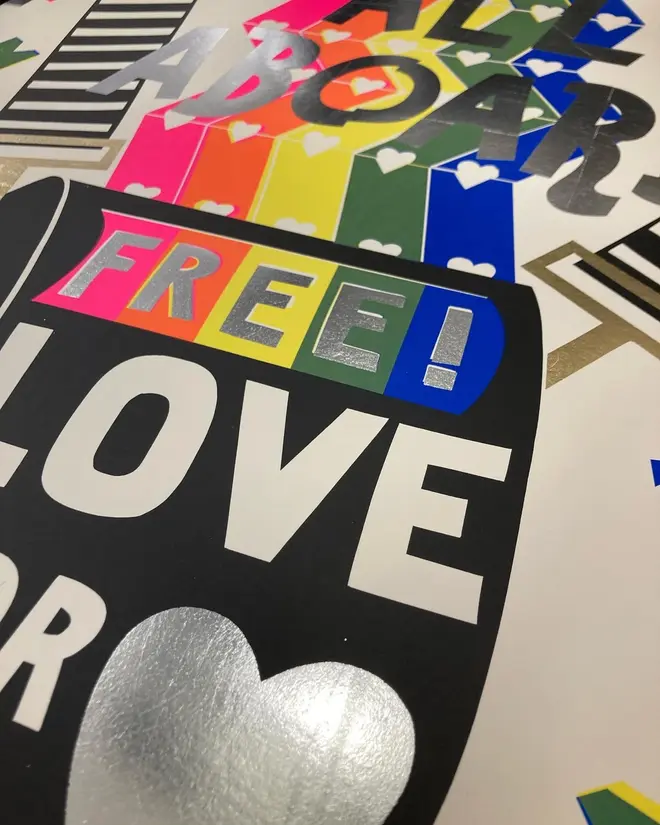 'All Aboard' Screenprint, a colourful screenprint. The screenprint reads 'All aboard, free love for all'. 