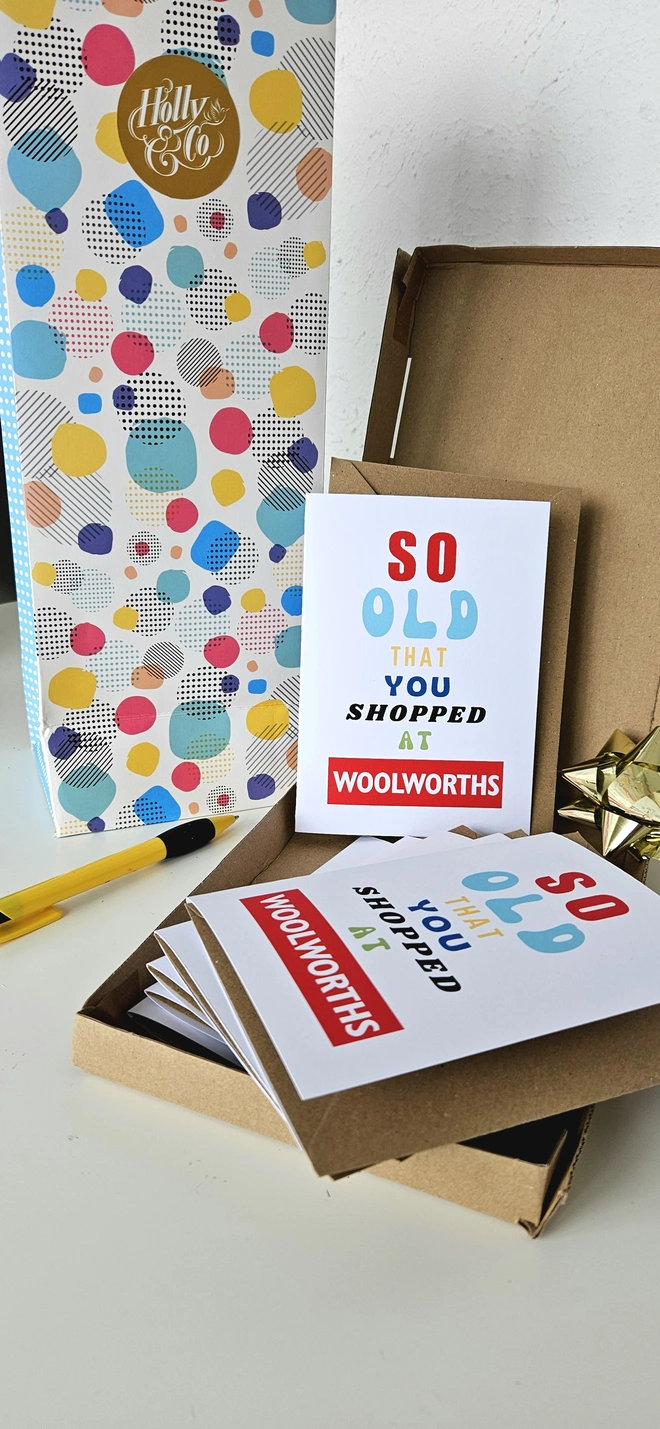 A photograph of 6 cards they say so old that you shopped at Woolworths in coloured typography the Woolworths image looks like the old shop sign