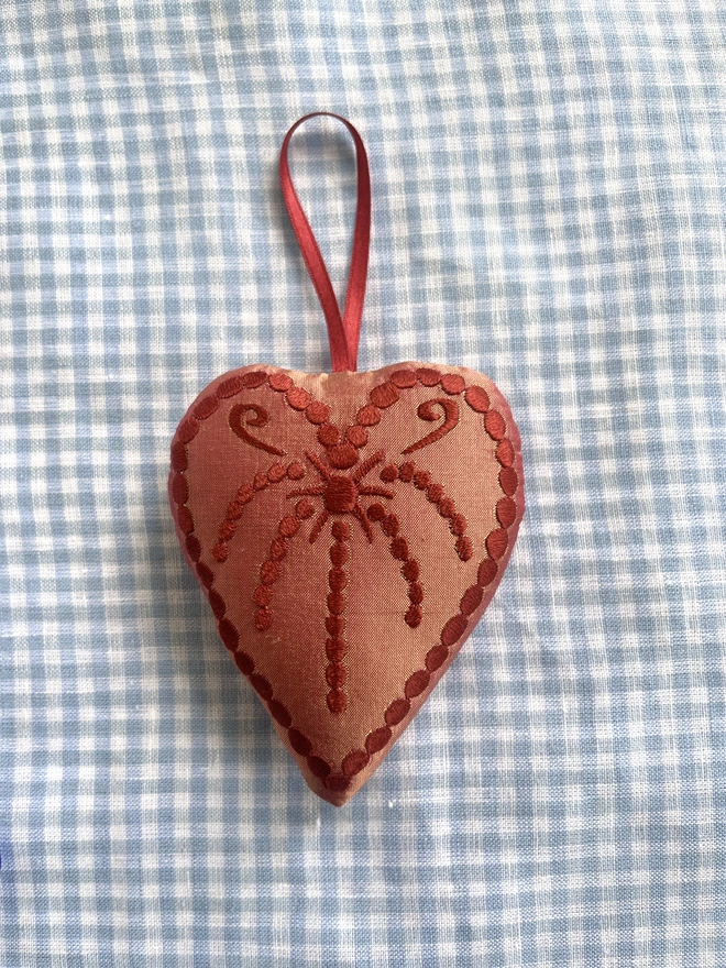 Silk heart ornament: peach silk, brown thread and ribbon