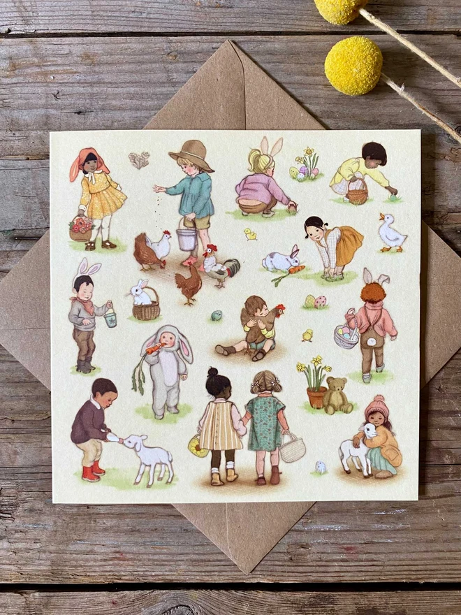 a vintage story book style illustrated Easter Greeting card featuring little children on an Easter egg hunt