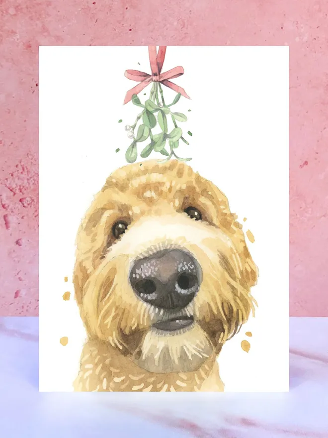 golden doodle dog mistletoe christmas card