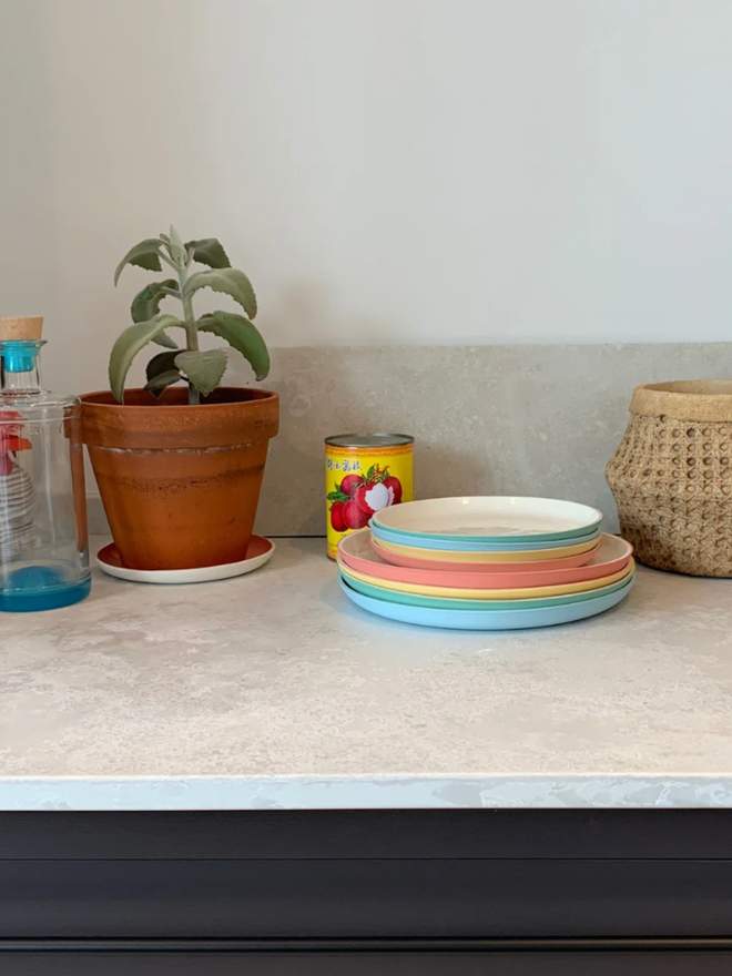 Dinner Plate. A stack of multicoloured dinner plates.
