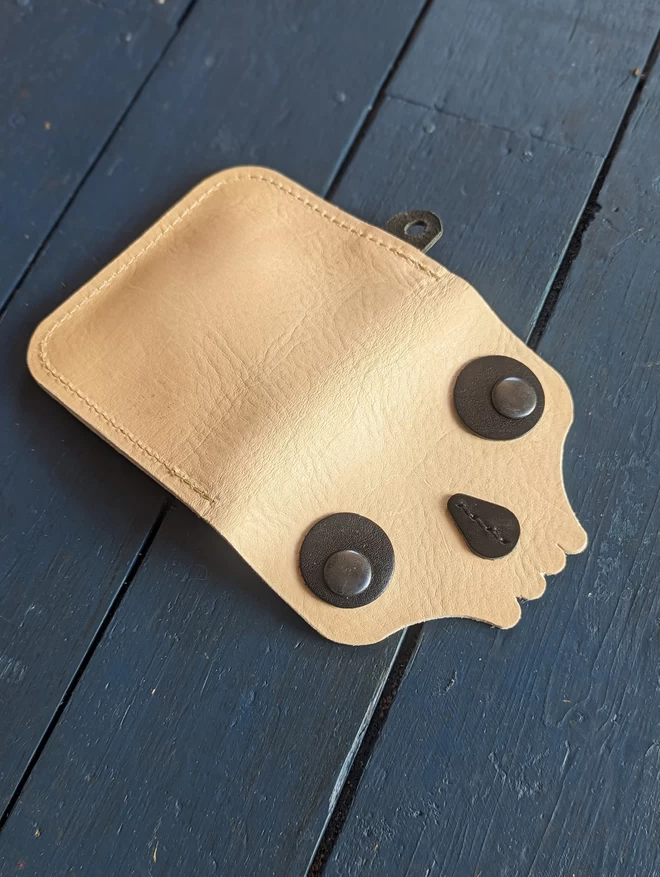 Back View of open handmade leather 'Scary Skull' wallet