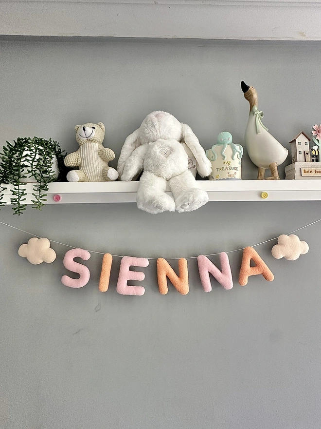 Personalised Name Garland  with Clouds, kids decoration, nursery bunting, baby gift, wall hanging in peachy pink
