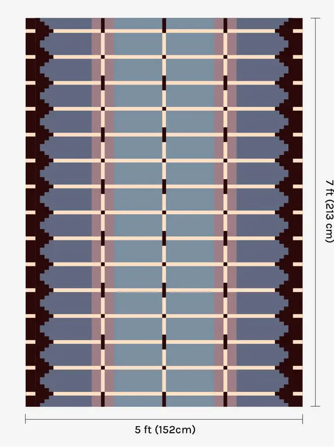 Corbie Flatweave Rug, a colourful rug sitting on a white plain surface with dimensions. 