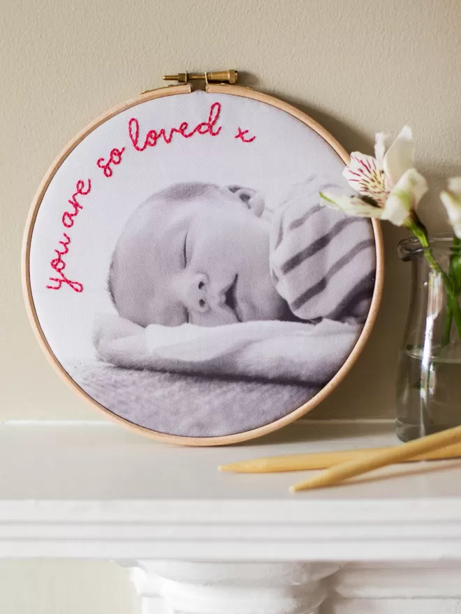 Hand embroidered baby photo gift