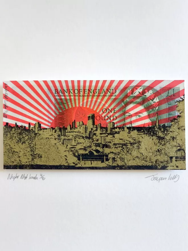 One pound British Bank Note with view of London skyline printed on top and orange sun rays 