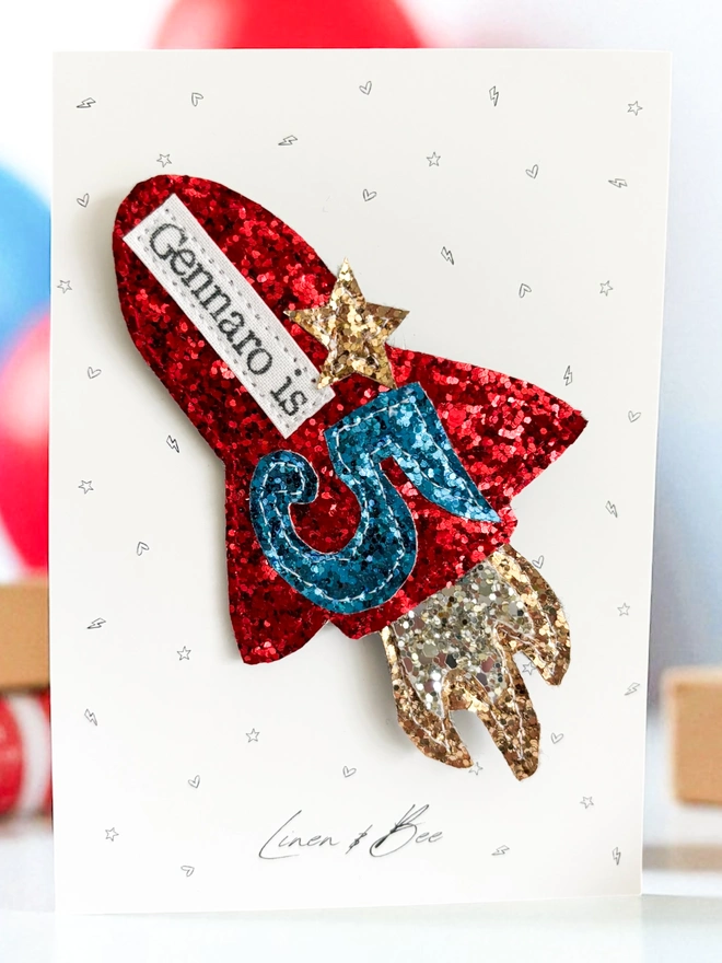 Personalised glitter rocket birthday badge