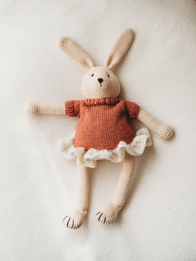 hand crochet bunny with red and white hand knit dress