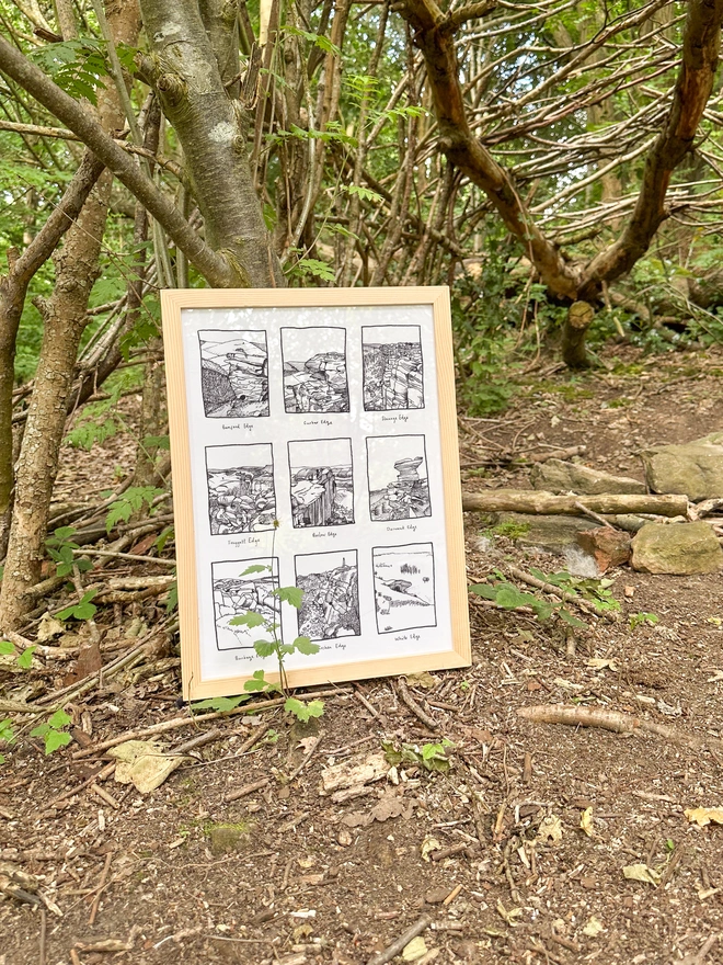 line drawn illustrations of nine edges of the peak district arranged as a print in a tile formation