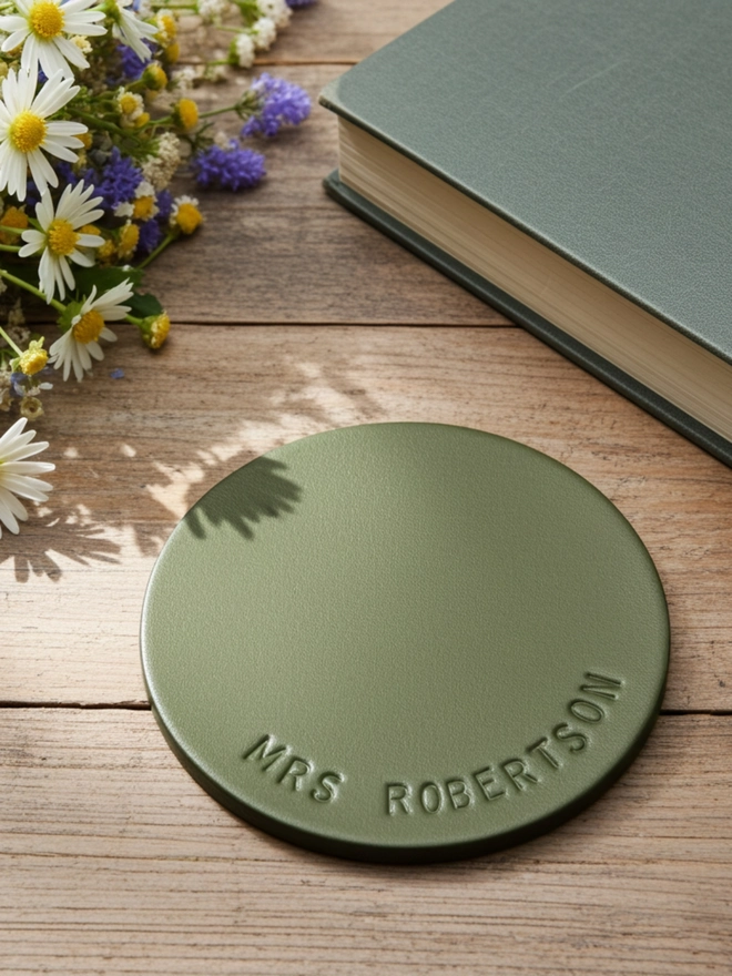 avocado leather teacher coaster