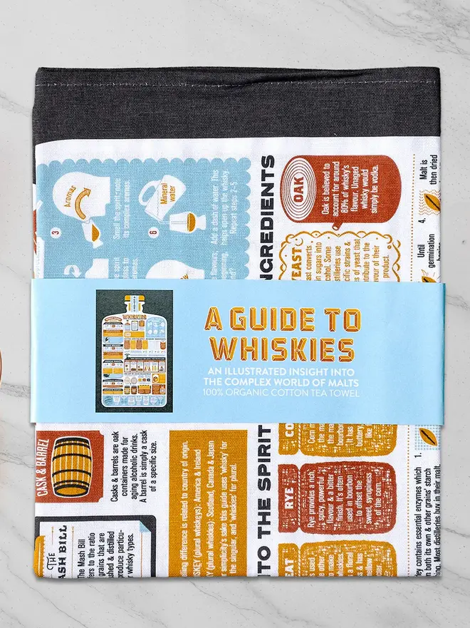 A Guide To Whiskies Tea Towel, against a grey background. 