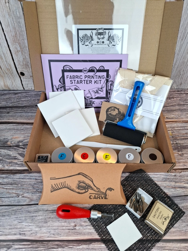 Fabric printing kit with inks fabric brayer carving tools and instructions