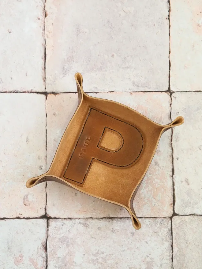 P leather tray in hand dyed tan brown