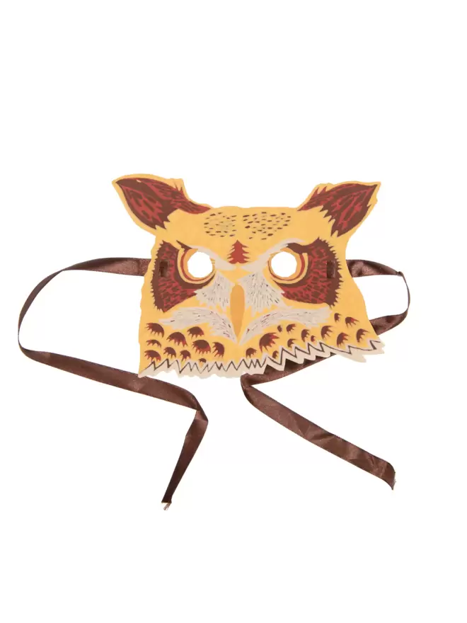 White cut-out shot: brown owl mask with cutout eyes and brown ribbon