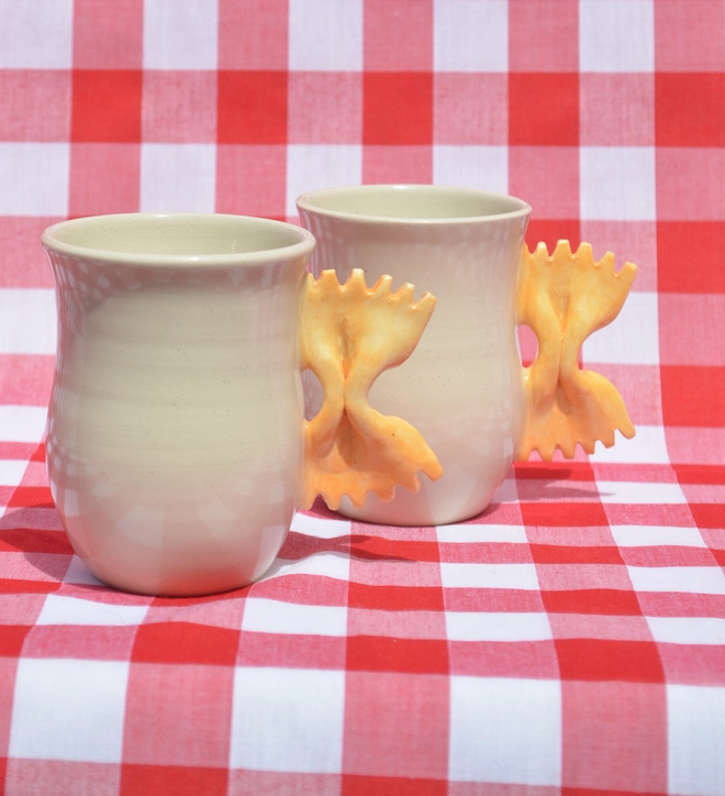 Alice Makes Pottery handmade farfalle pasta mug hourglass shape couple from the front