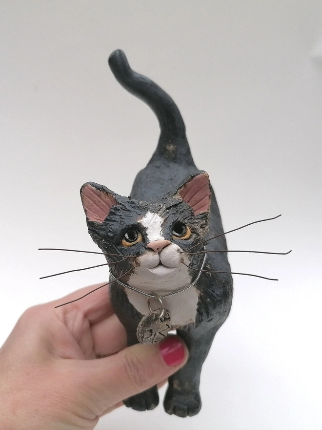 'Olive' Black and White Cat Sculpture