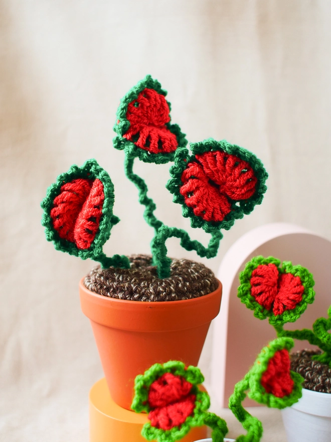 crochet Venus Flytrap in terracotta pot