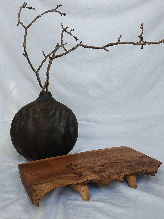 Live-Edge Elm Serving Board with Retro Birchwood Legs