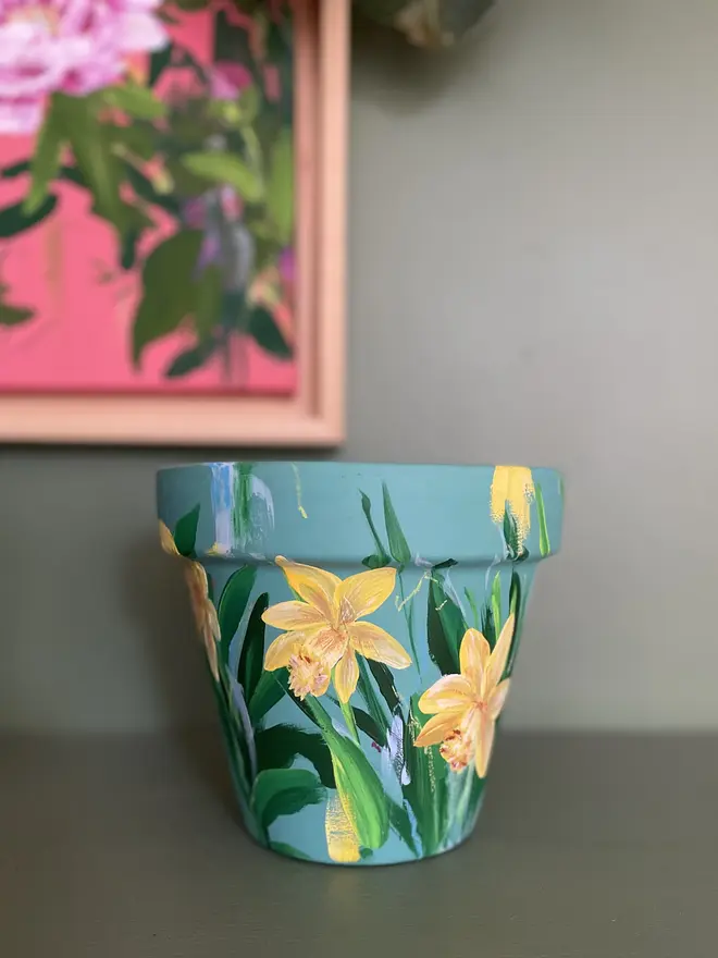  Daffodil Collection Floral Hand Painted Plant Pot blue green background with vibrant yellow daffodil flowers