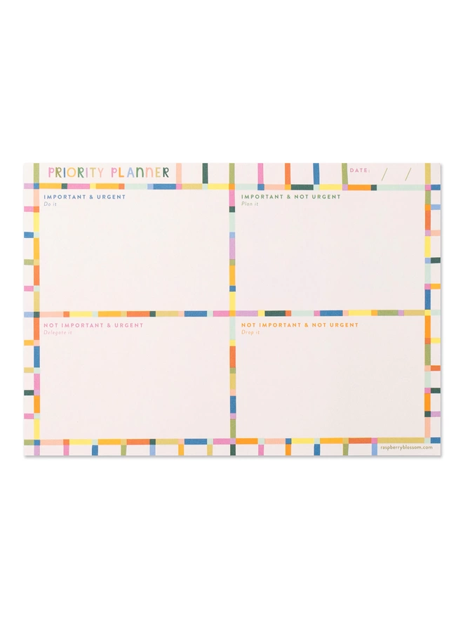 Raspberry Blossom priority planner tear-off pad with colourful rainbow check design