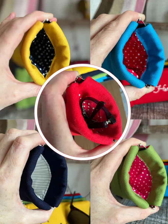 Collage of 5 colourful cotton glasses cases showing different polka dot & striped linings.