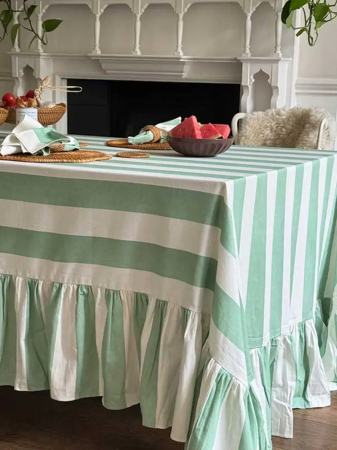 Riviera Winter Mint Striped Tablecloth Ruffle 