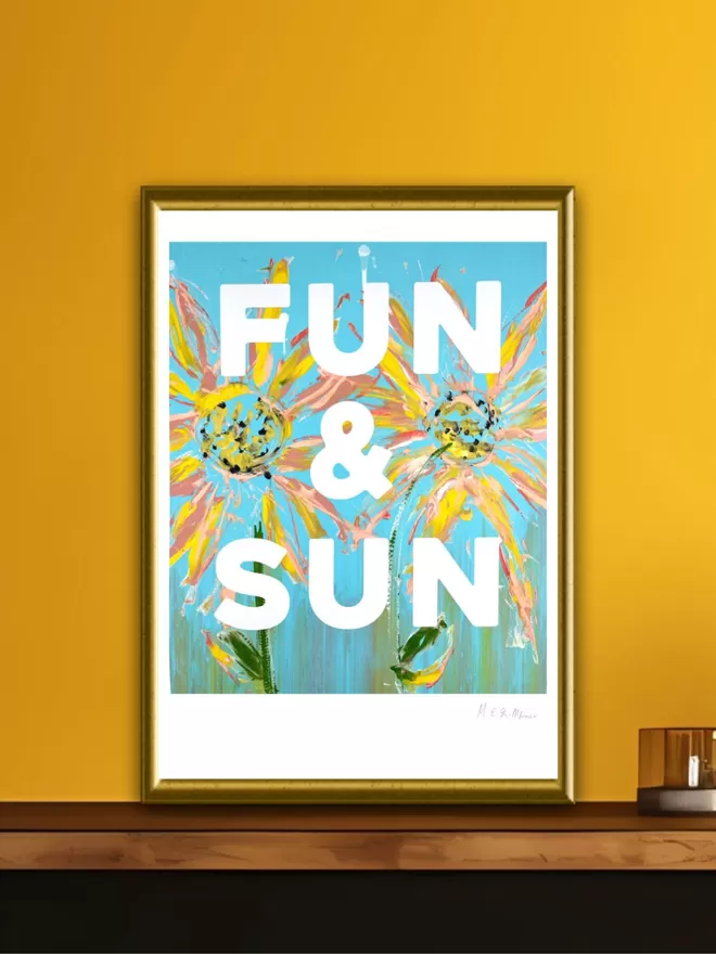 FUN & SUN fine art print.  Based on an original monoprint by M.E. Ster-Molnar seen on a bright yellow wall.