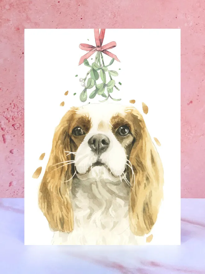 cavalier king charles spaniel dog mistletoe christmas card