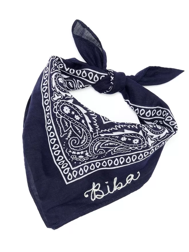 navy blue custom bandana with Biba embroidered.