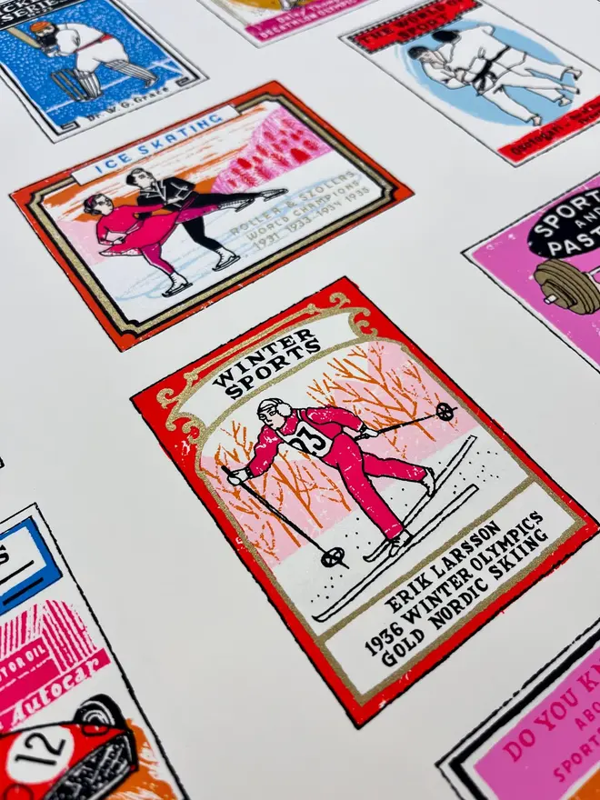 A To Z Of Sport Screenprint Going For Gold, a collection of colourful sport designs on a white screenprint. 