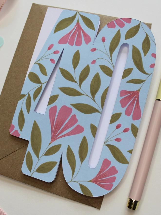 floral 40th birthday card. blue and pink floral card shaped like 40.