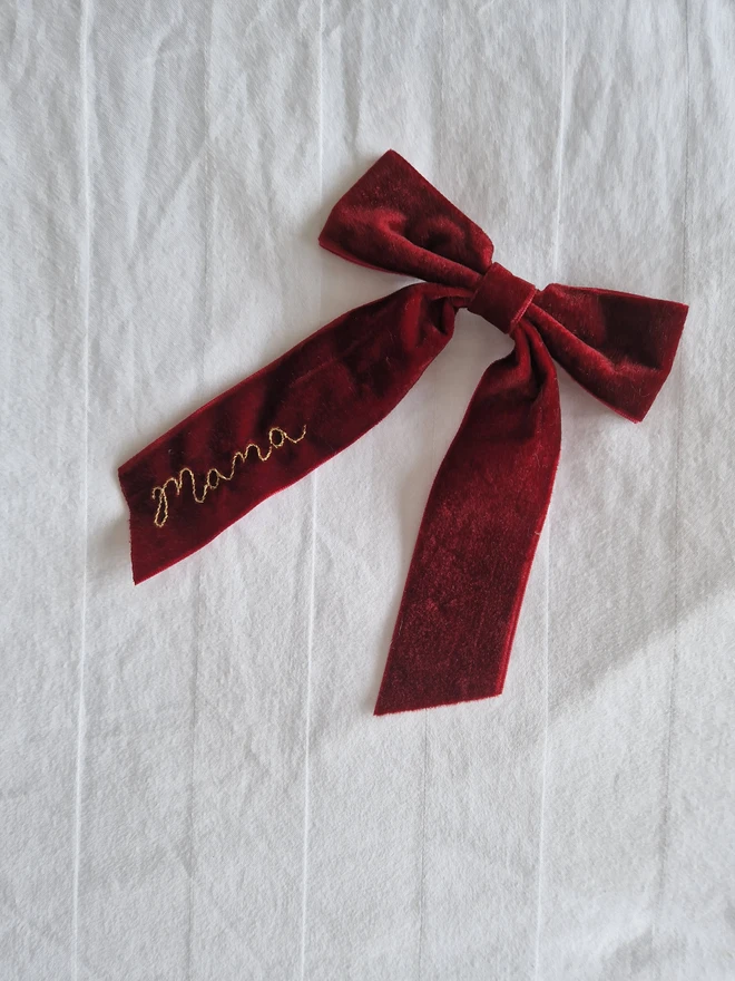 hand embroidered velvet name hair bow clip