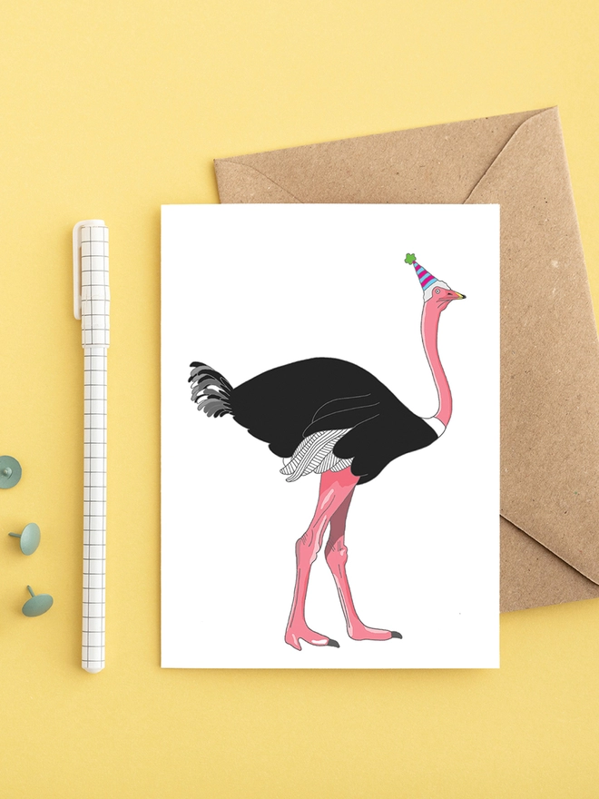 Bright Greeting Card Featuring an Ostrich in a Hat