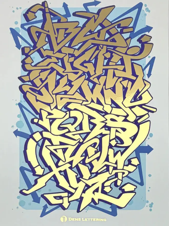Graffiti Alphabet Metallic Gold Foil Print, close-up. 