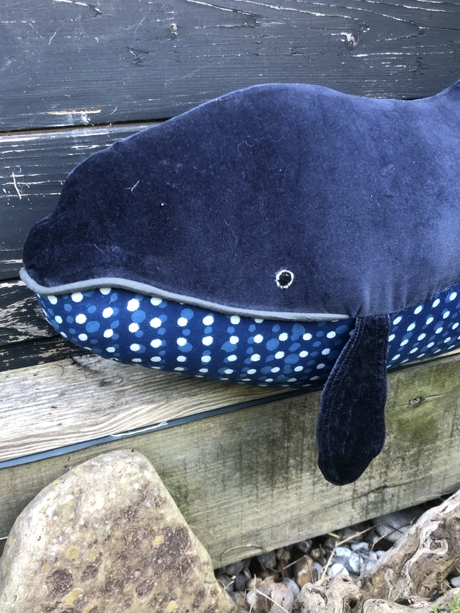 Dark navy blue velvet handmade whale. 100% cotton underbelly